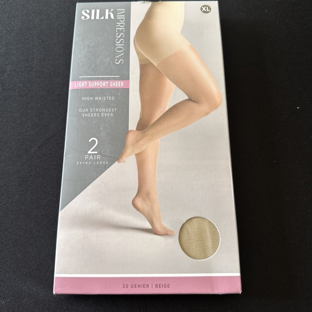 Silk Impressions 2 Pair Pantyhose Beige 20 Denier Sheer Shimmer XL